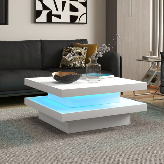 HOMCOM Square LED Coffee Table with Remote, 2-Tier Modern White