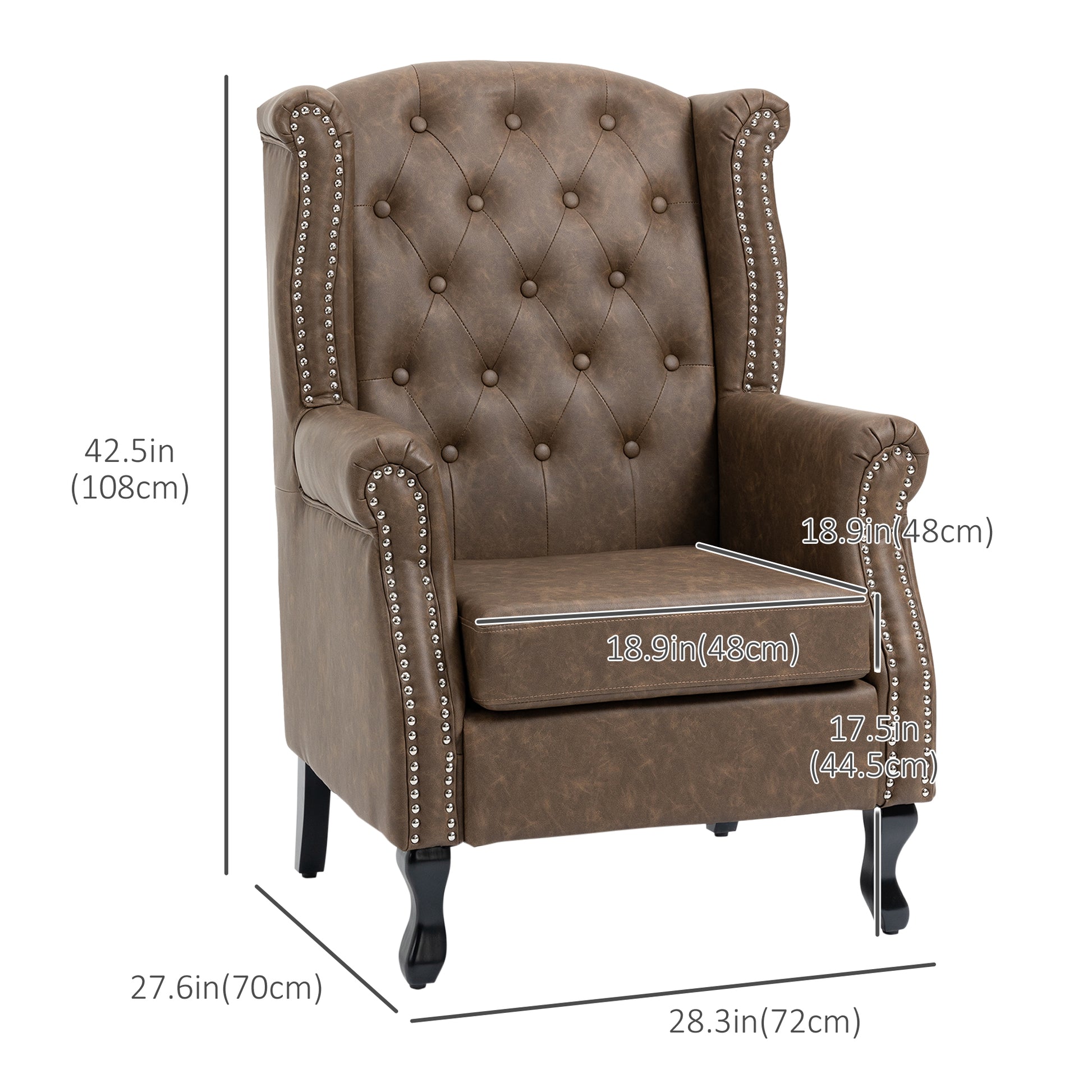 HOMCOM Brown Tufted Chesterfield Lounge Armchair, Faux Leather, Solid Wood Legs