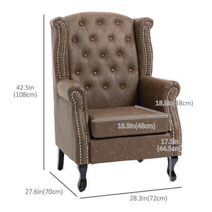 HOMCOM Brown Tufted Chesterfield Lounge Armchair, Faux Leather, Solid Wood Legs