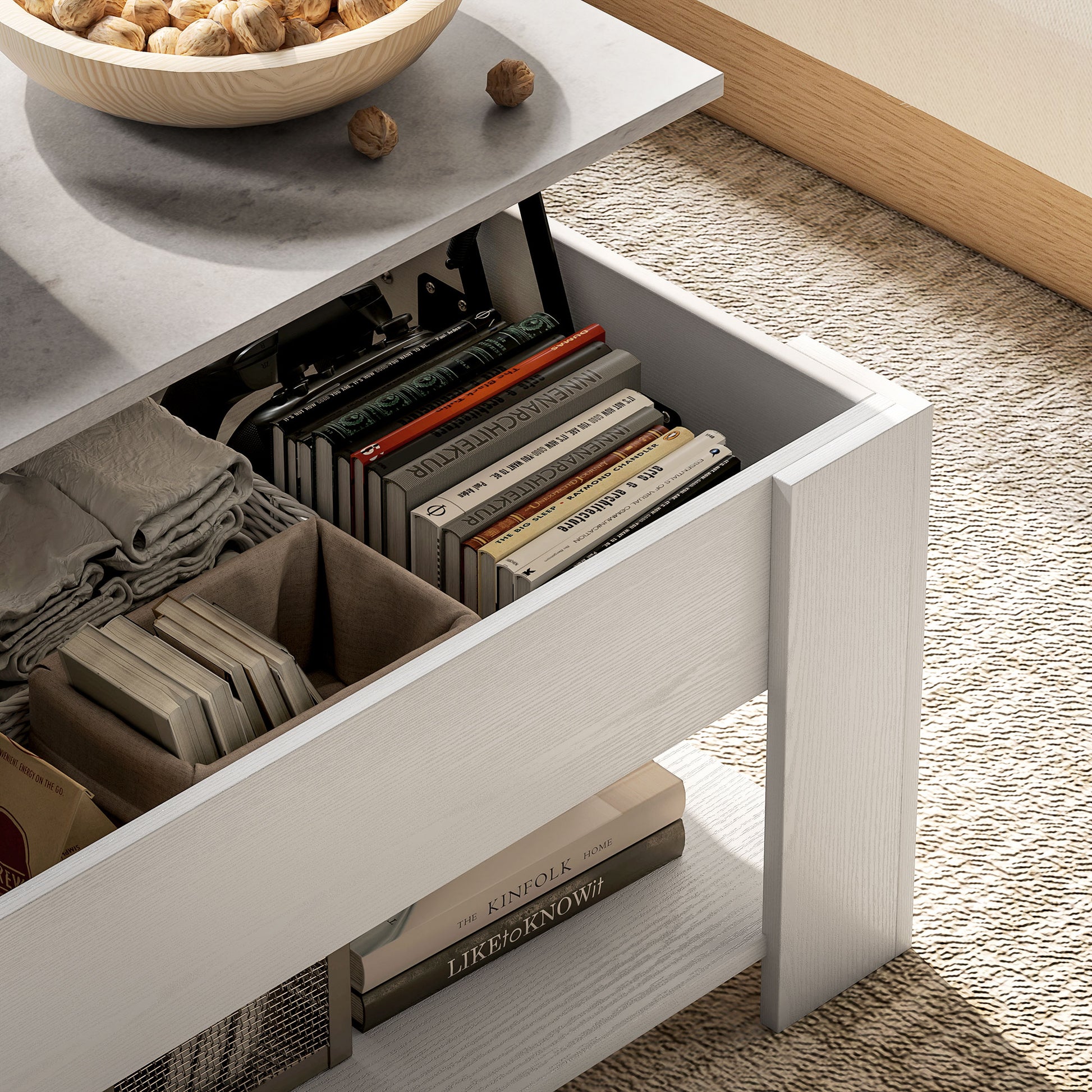 HomCom White Lift-Top Coffee Table with Hidden Storage and Open Shelf