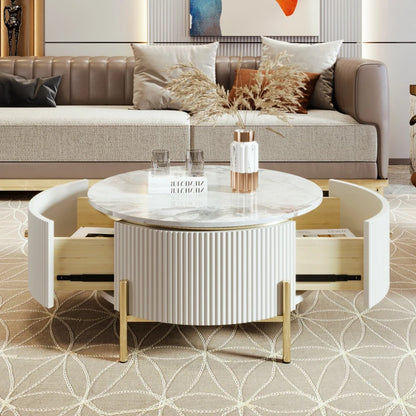 Modern Round Coffee Table with 2 Drawers, MDF, Gold Legs, White & Gold