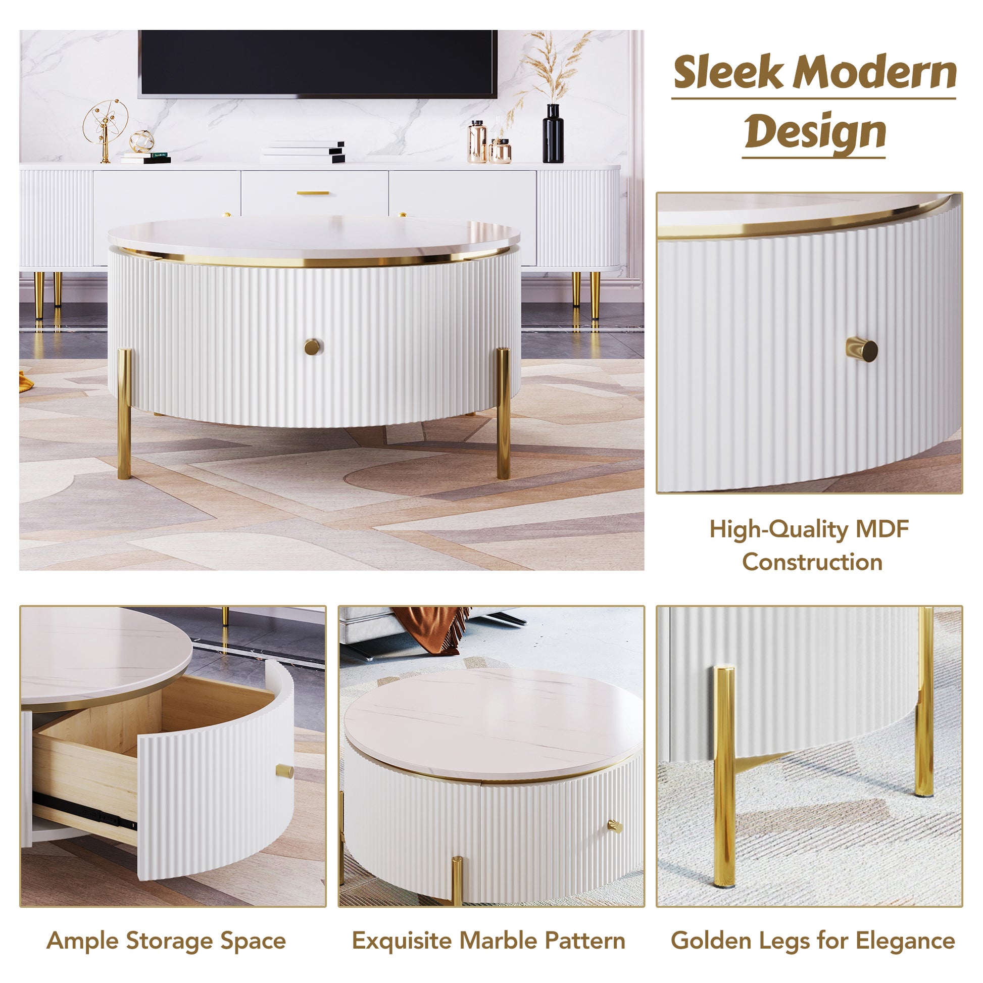 Modern Round Coffee Table with 2 Drawers, MDF, Gold Legs, White & Gold