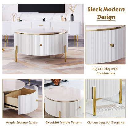 Modern Round Coffee Table with 2 Drawers, MDF, Gold Legs, White & Gold