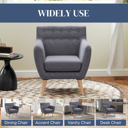 Stylish Mid-Century Modern Accent Arm Chair, Linen Upholstered, Tufted Seat, Wood Frame