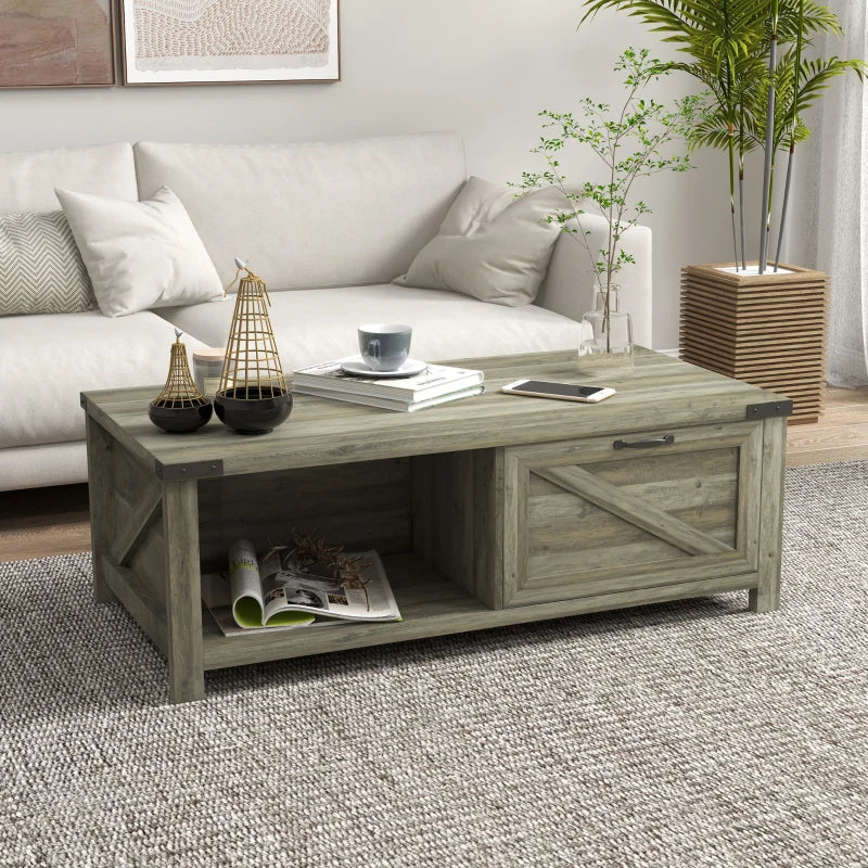 Farmhouse Grey Coffee Table with Drawer & Storage Shelf