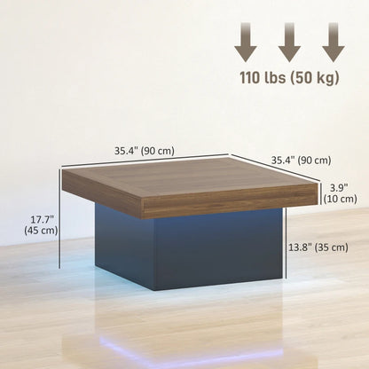 35-inch Modern Square Coffee Table with 16-Color LED Lights, Walnut