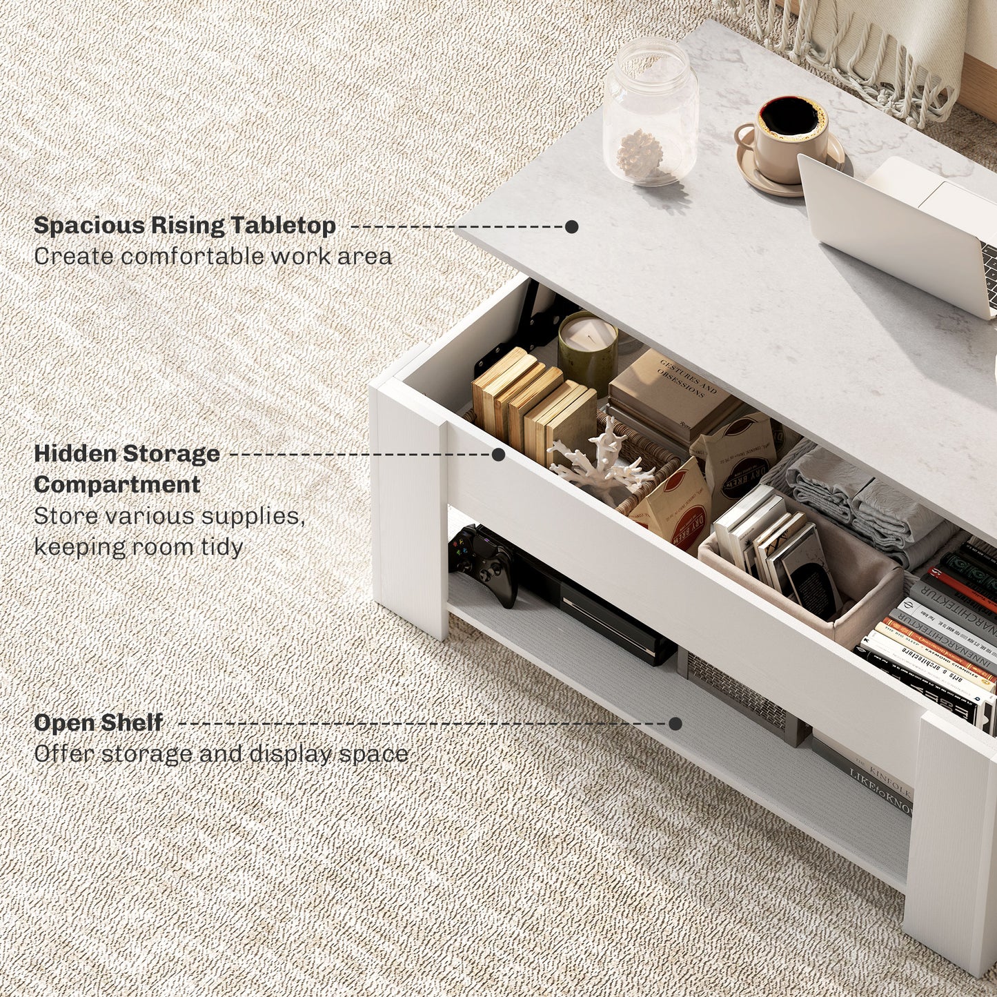HomCom White Lift-Top Coffee Table with Hidden Storage and Open Shelf