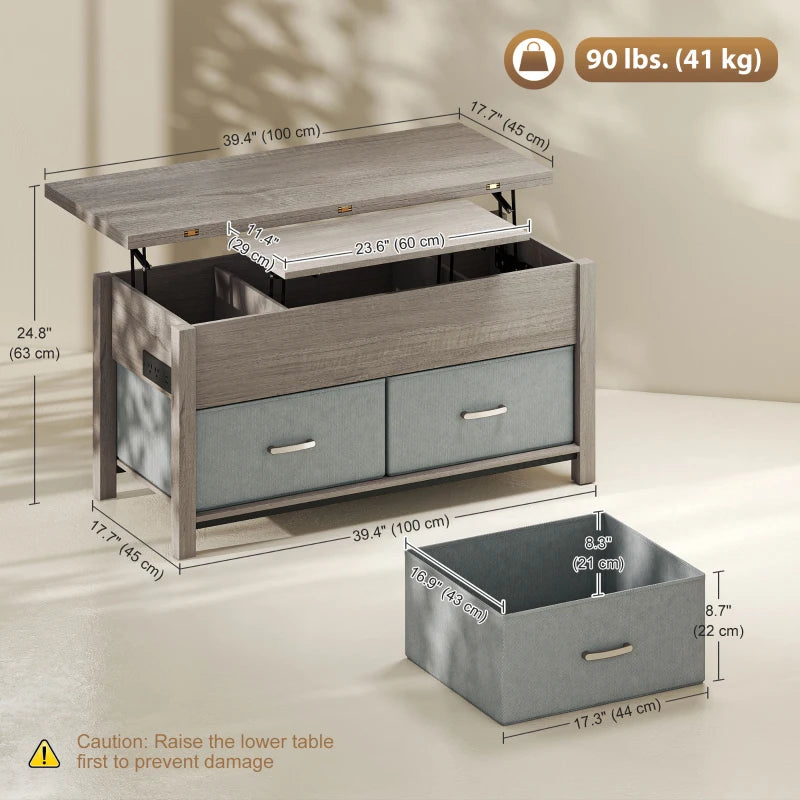 Lift Top Coffee Table with Charging, Hidden Storage, Fabric Drawers