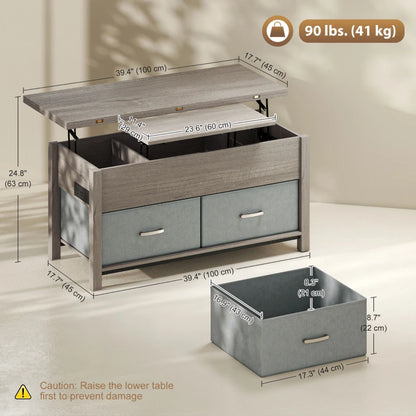 Lift Top Coffee Table with Charging, Hidden Storage, Fabric Drawers