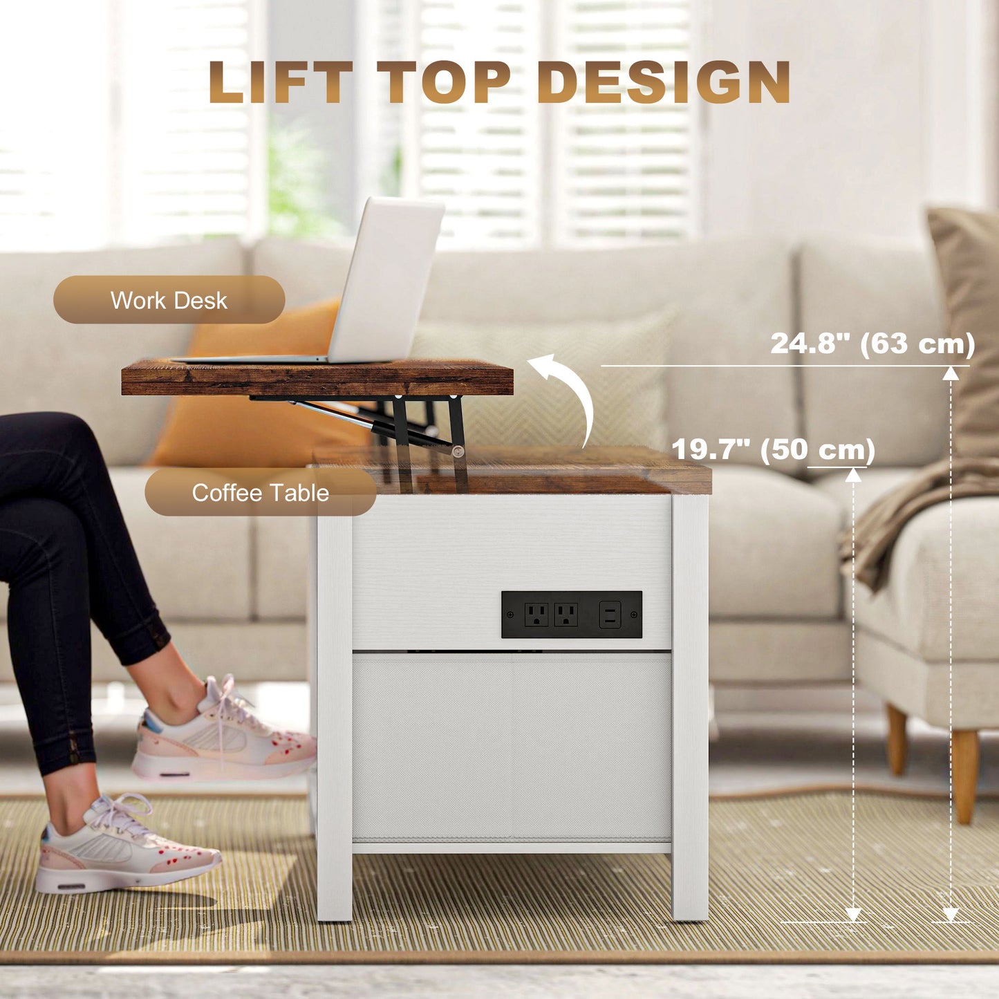 HOMCOM Lift Top Coffee Table with Charging, Hidden Storage, Fabric Drawers