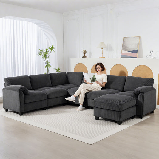 HOMCOM Oversized Modular U-Shaped Corduroy Sectional Sofa Couch, Spring Cushion, Charcoal Grey