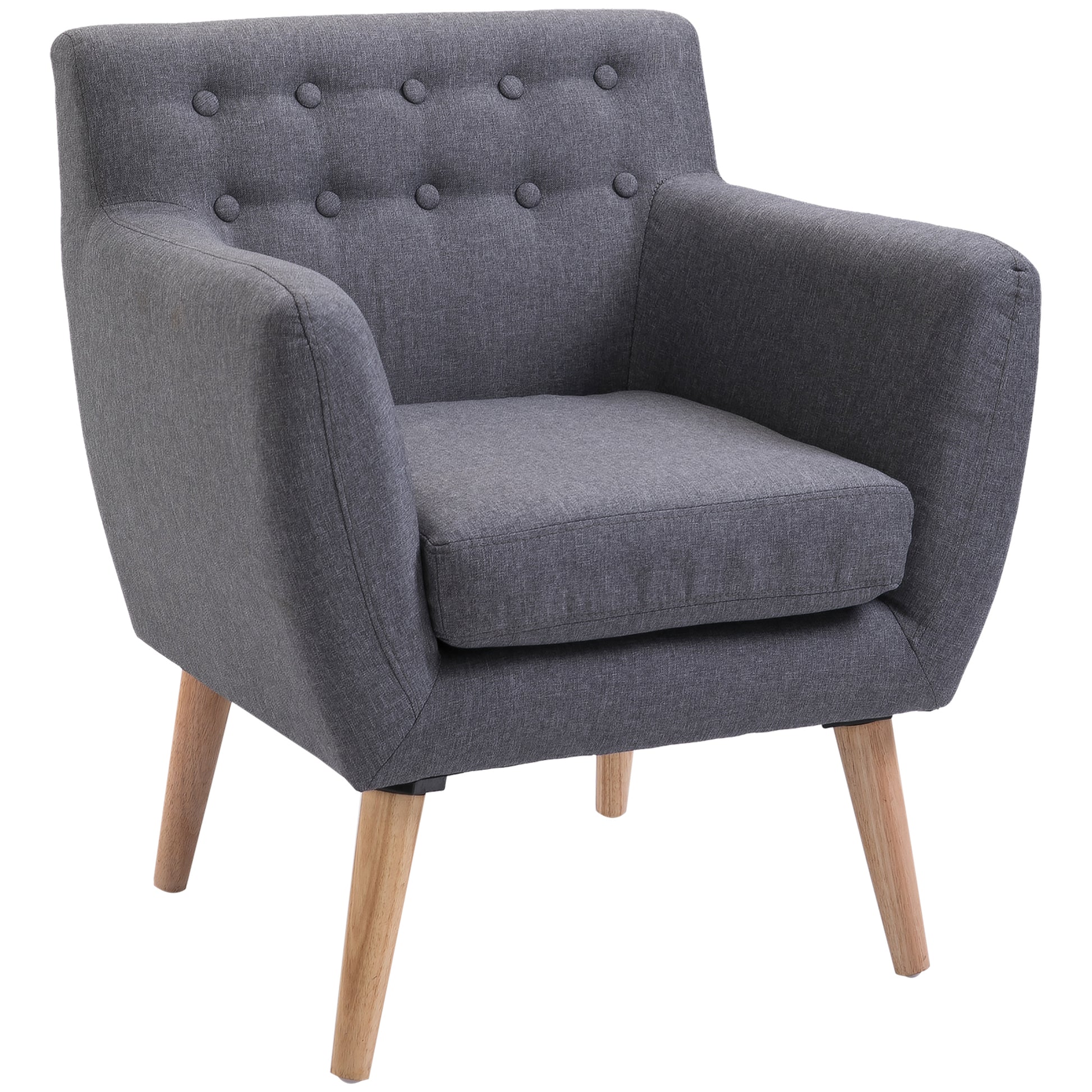 Stylish Mid-Century Modern Accent Arm Chair, Linen Upholstered, Tufted Seat, Wood Frame