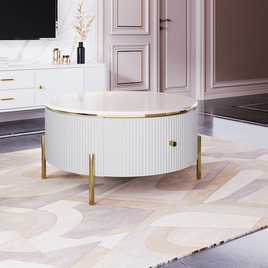 Modern Round Coffee Table with 2 Drawers, MDF, Gold Legs, White & Gold