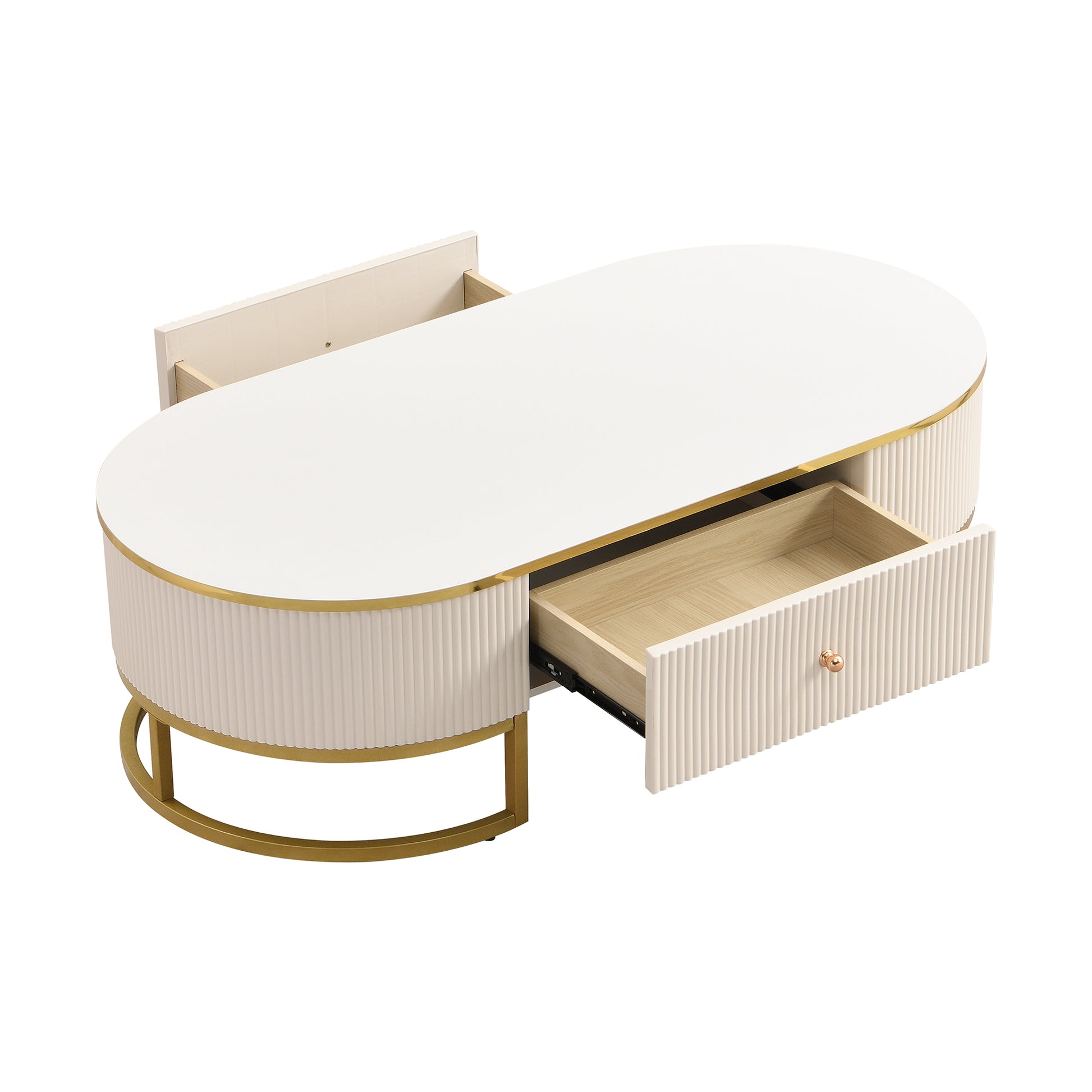 Modern High-Gloss Oval Coffee Table with Storage Drawers, Gold Metal Base, White Finish