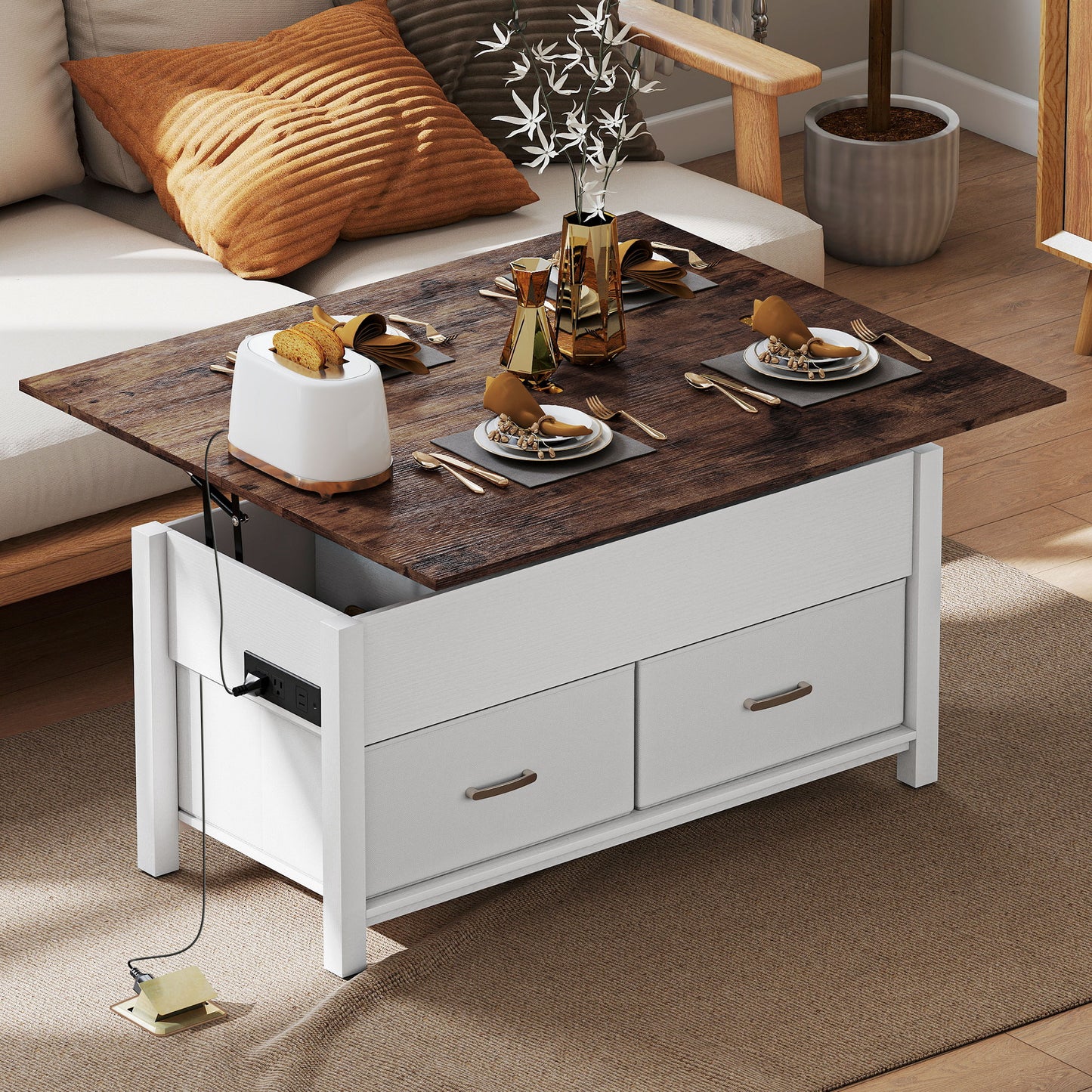 HOMCOM Lift Top Coffee Table with Charging, Hidden Storage, Fabric Drawers