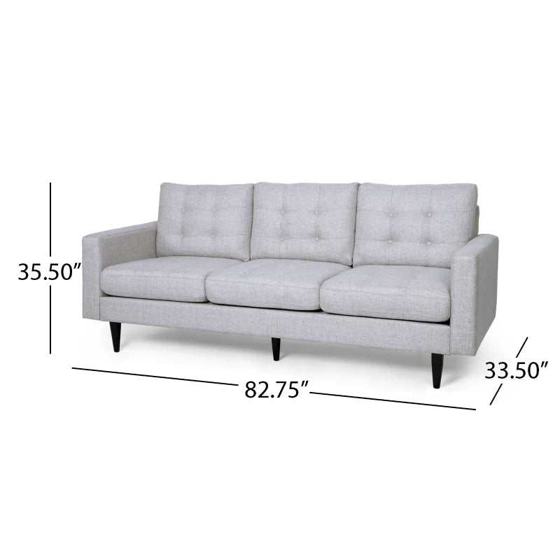 Elegant 3-Seater Sofa, Button Tufted Waffle Stitch, Solid Rubberwood Legs