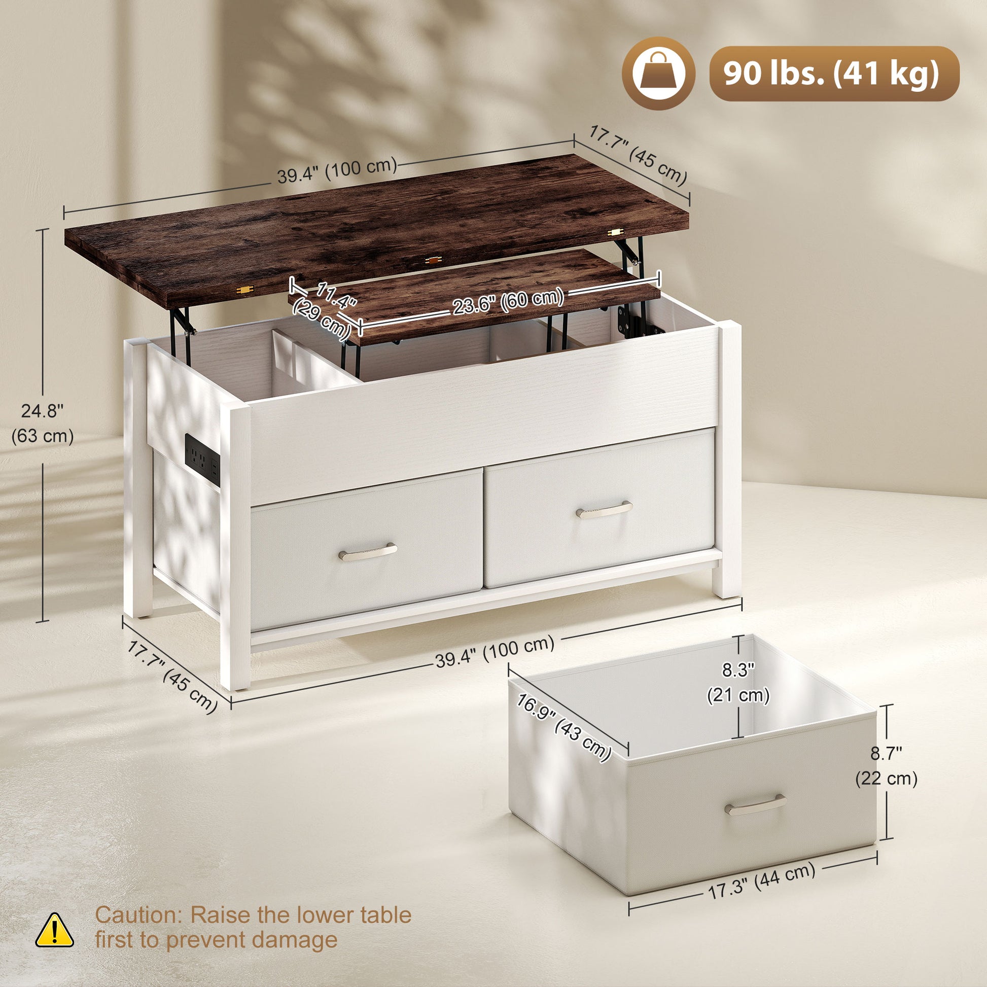 HOMCOM Lift Top Coffee Table with Charging, Hidden Storage, Fabric Drawers