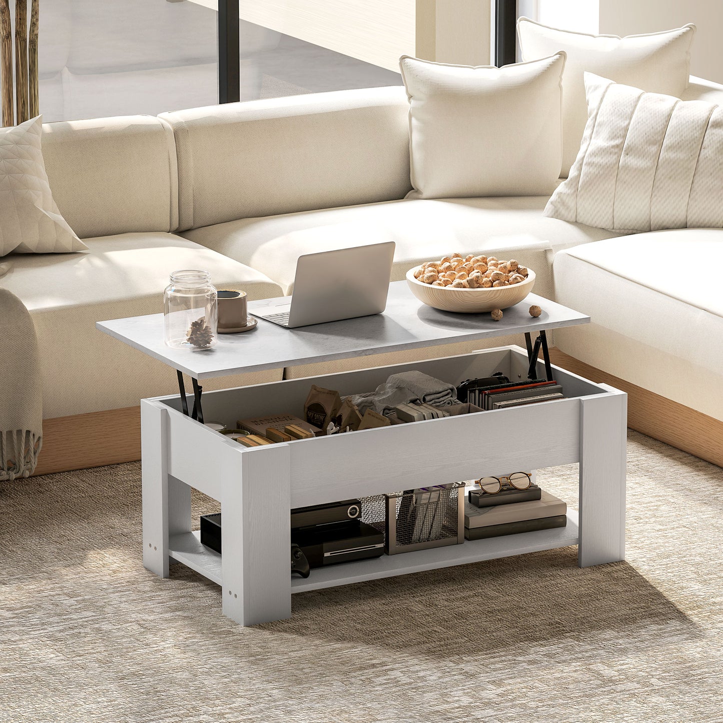 HomCom White Lift-Top Coffee Table with Hidden Storage and Open Shelf