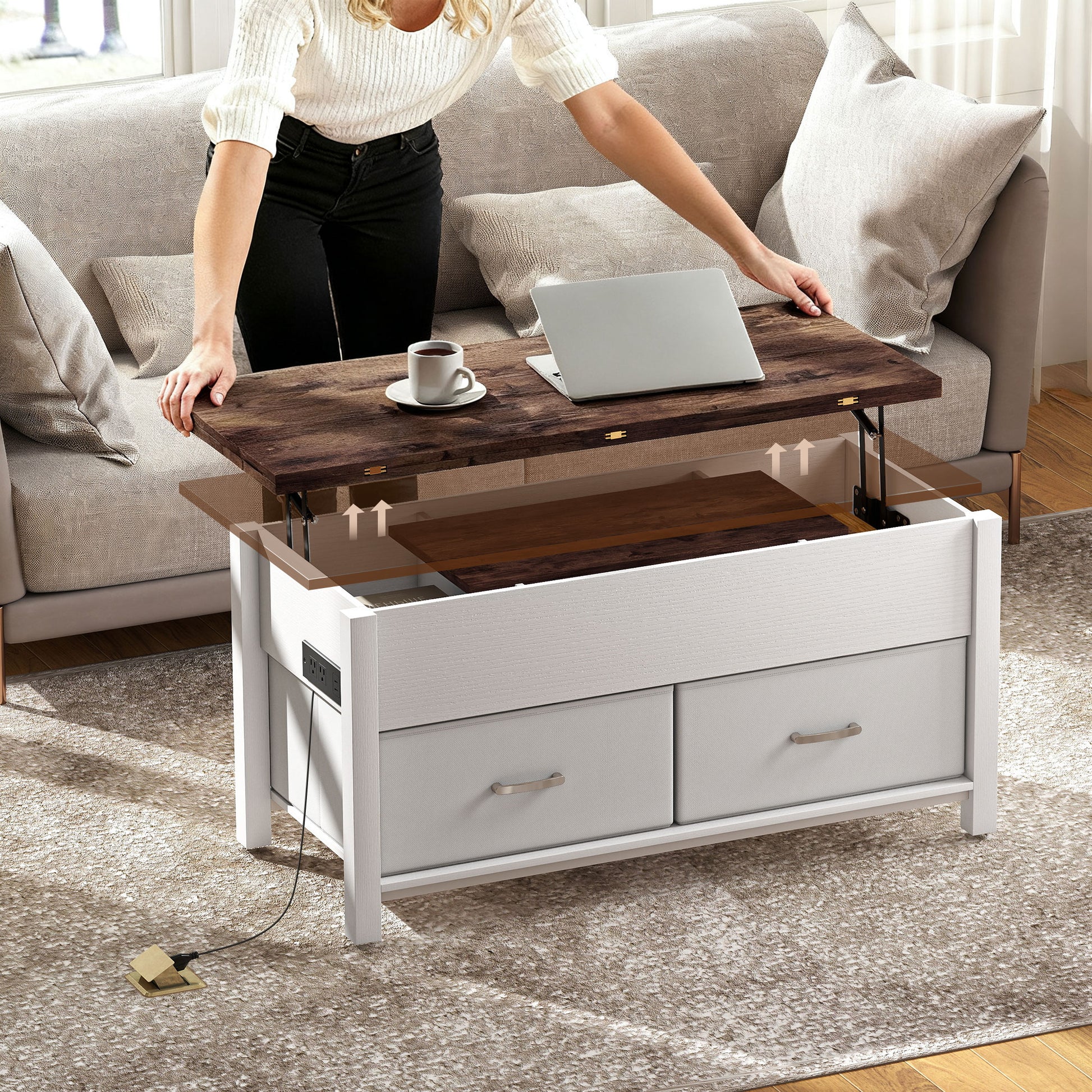 HOMCOM Lift Top Coffee Table with Charging, Hidden Storage, Fabric Drawers