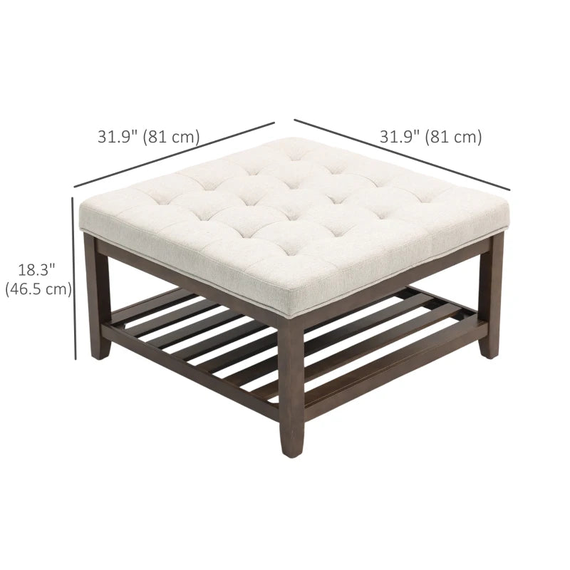 32-inch Square Linen Ottoman Coffee Table with Storage, Beige