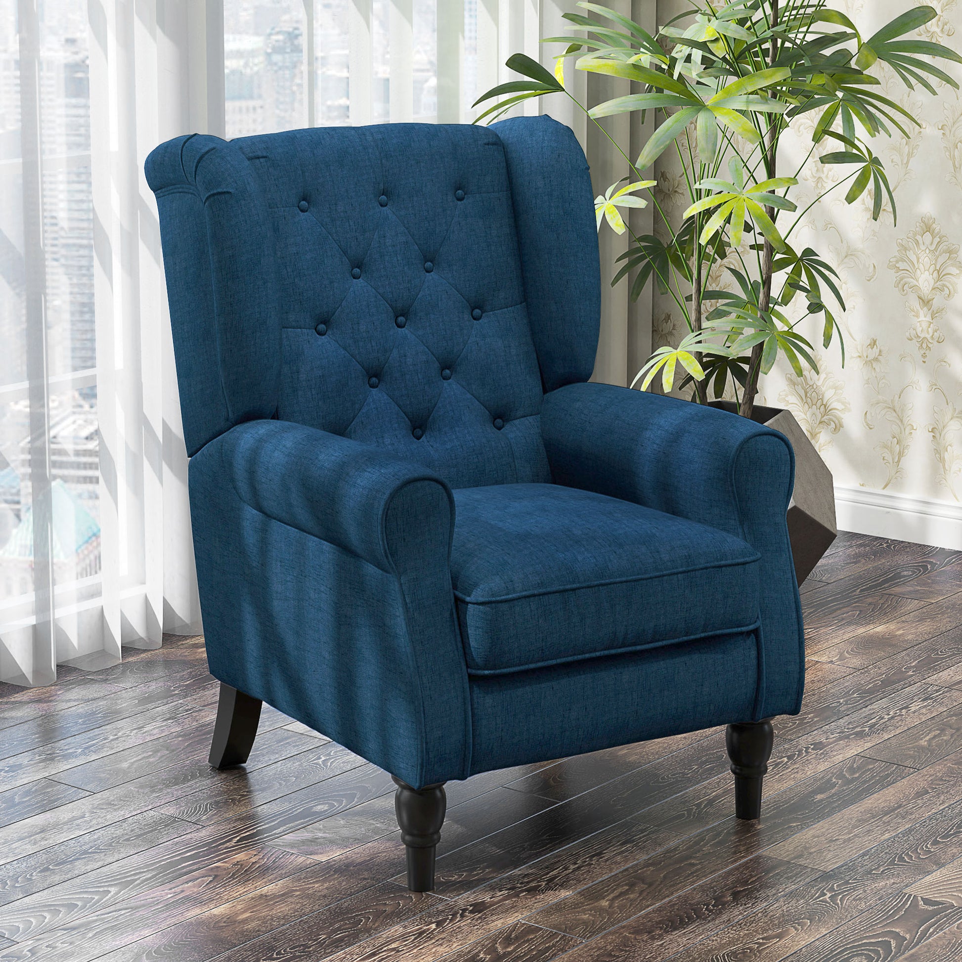 HOMCOM Blue Button Tufted Wingback Accent Chair, Rolled Arms, Wood Legs