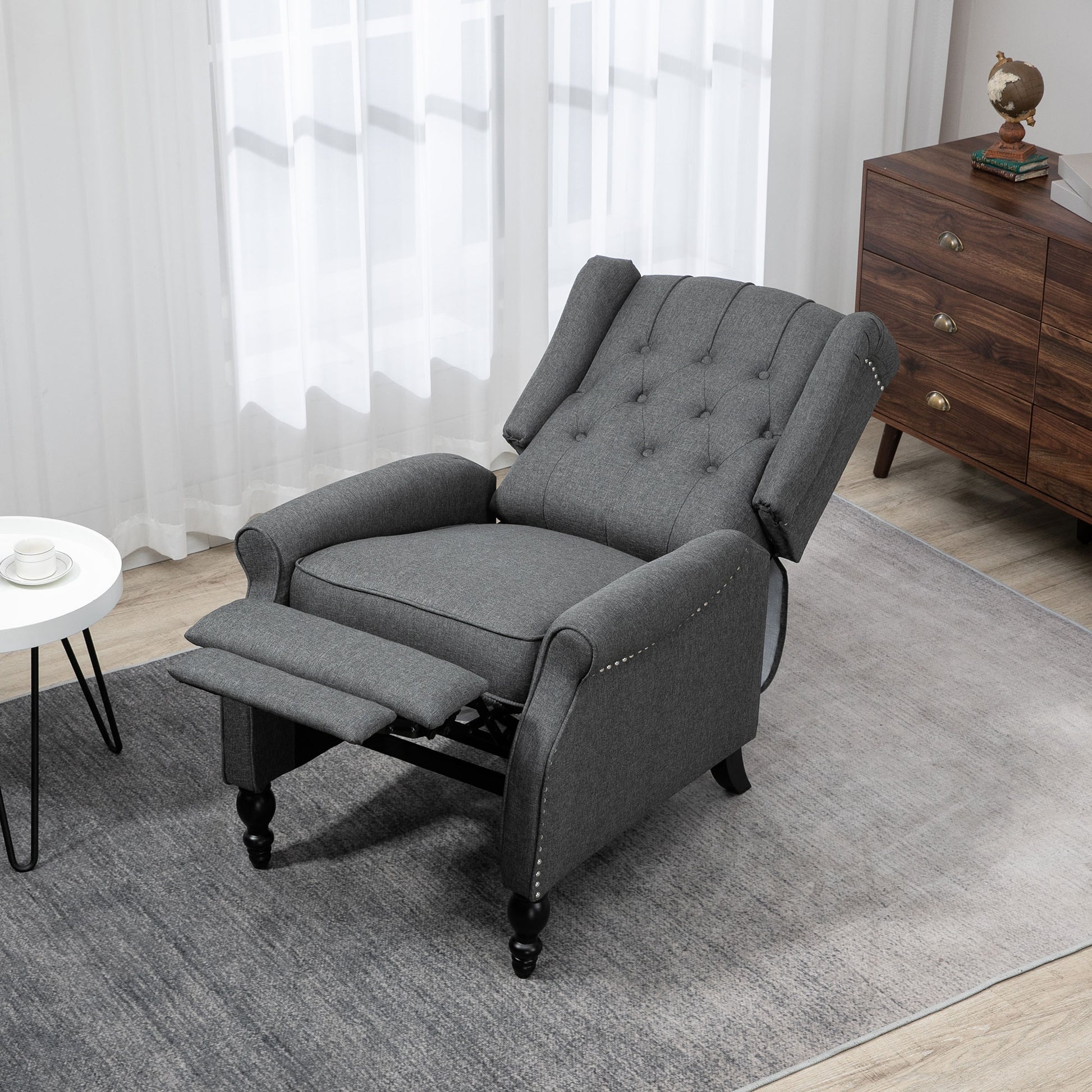 HOMCOM Dark Grey Wingback Push-Back Recliner Chair with Footrest, Tufted Fabric Armchair