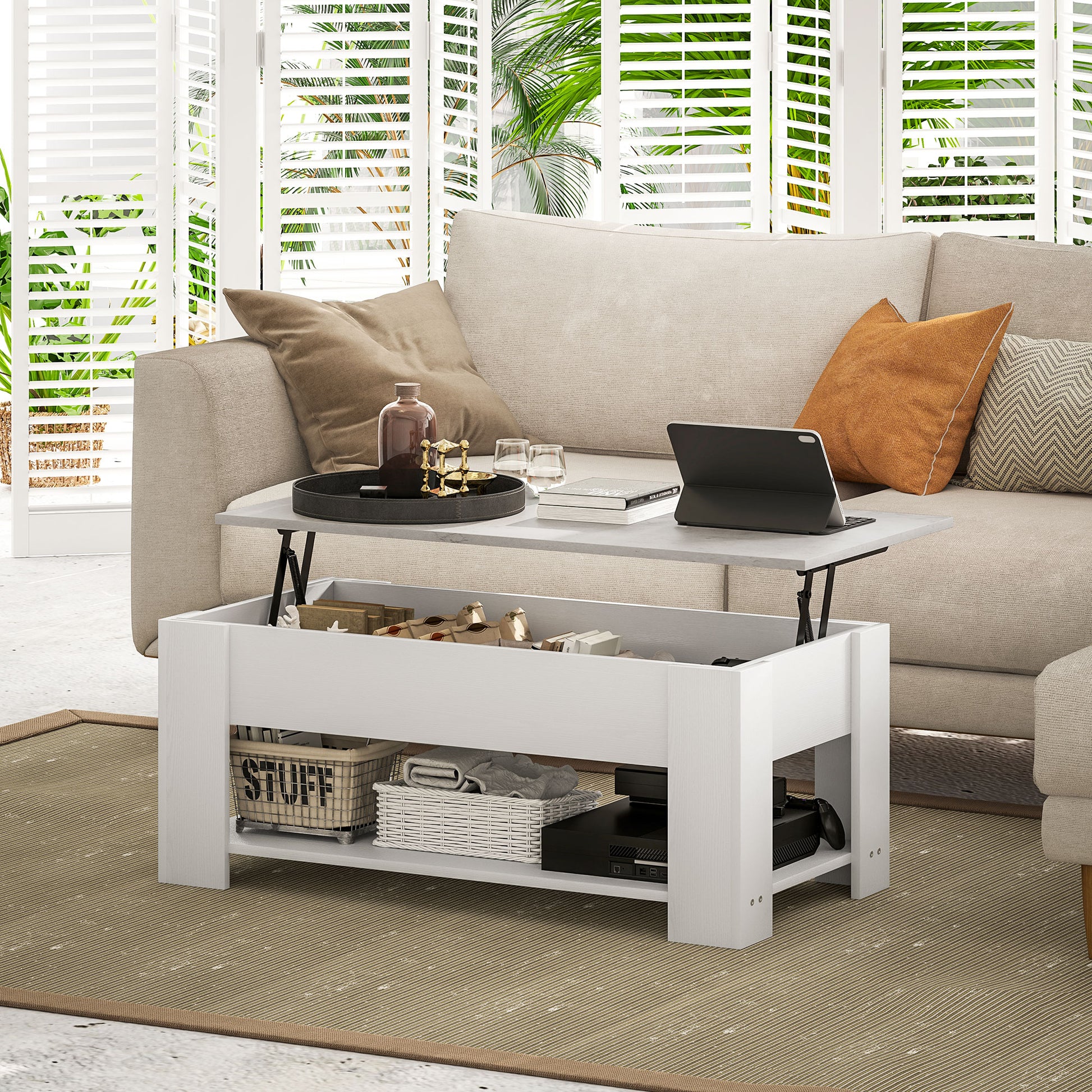 HomCom White Lift-Top Coffee Table with Hidden Storage and Open Shelf