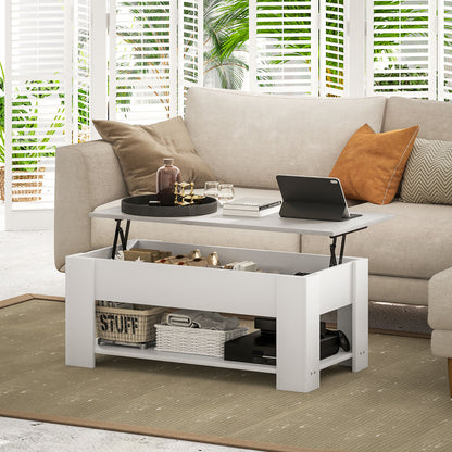 HomCom White Lift-Top Coffee Table with Hidden Storage and Open Shelf