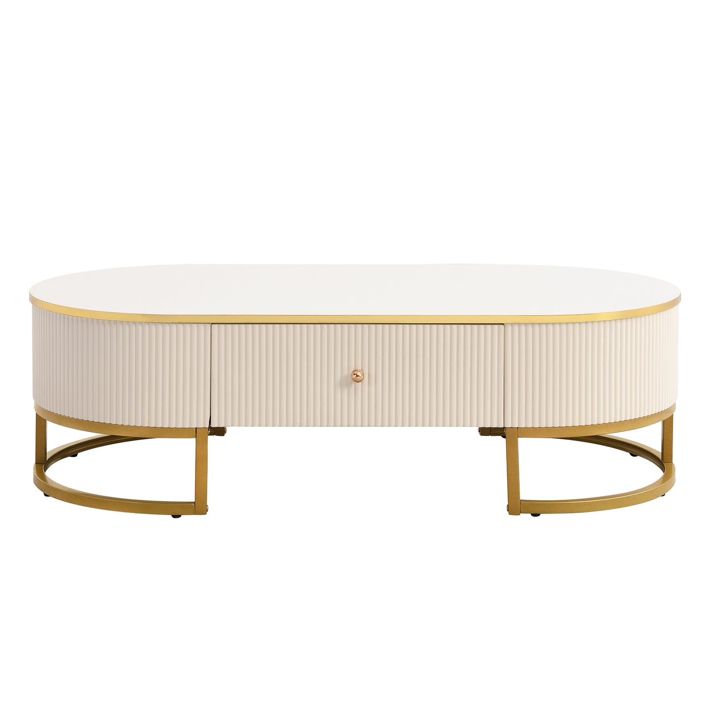 Modern High-Gloss Oval Coffee Table with Storage Drawers, Gold Metal Base, White Finish