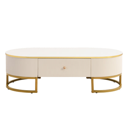 Modern High-Gloss Oval Coffee Table with Storage Drawers, Gold Metal Base, White Finish