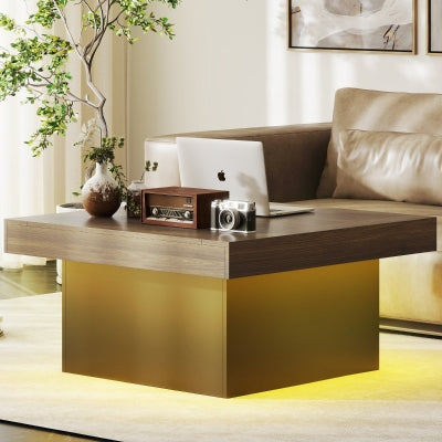 HOMCOM 35-inch Modern Square Coffee Table with 16-Color LED Lights, Walnut