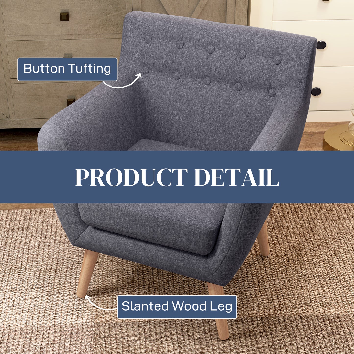 Stylish Mid-Century Modern Accent Arm Chair, Linen Upholstered, Tufted Seat, Wood Frame