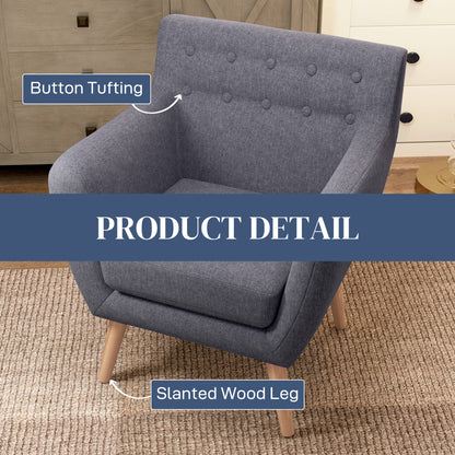 Stylish Mid-Century Modern Accent Arm Chair, Linen Upholstered, Tufted Seat, Wood Frame