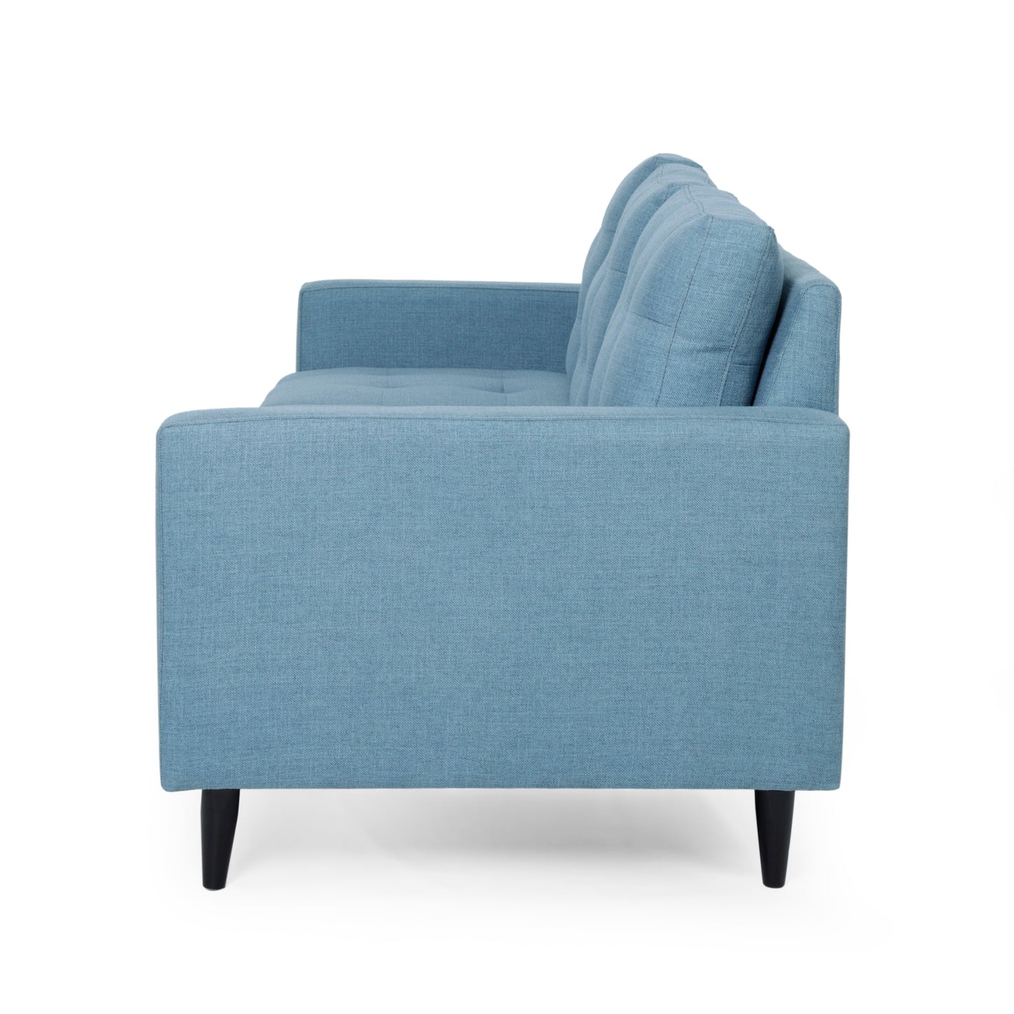 Elegant Blue 3-Seater Sofa, Button Tufted Waffle Stitch, Solid Rubberwood Legs