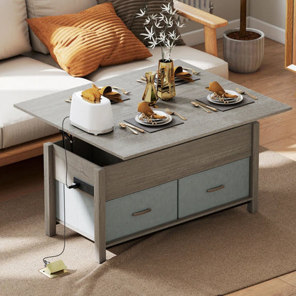 Lift Top Coffee Table with Charging, Hidden Storage, Fabric Drawers