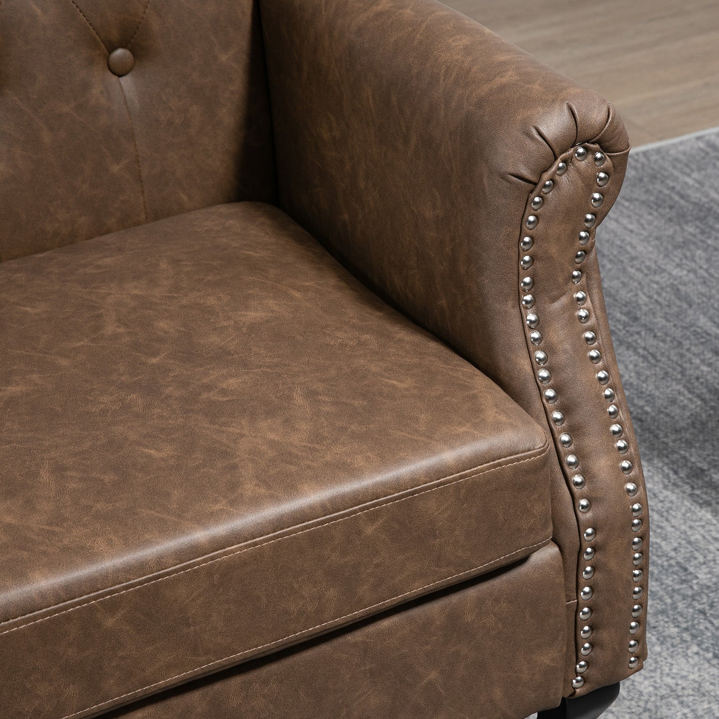 HOMCOM Brown Tufted Chesterfield Lounge Armchair, Faux Leather, Solid Wood Legs