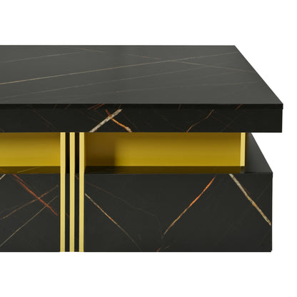 Elegant Black & Gold Modern Square Storage Coffee Table with 4 Drawers