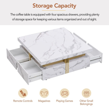 Elegant Black & Gold Modern Square Storage Coffee Table with 4 Drawers