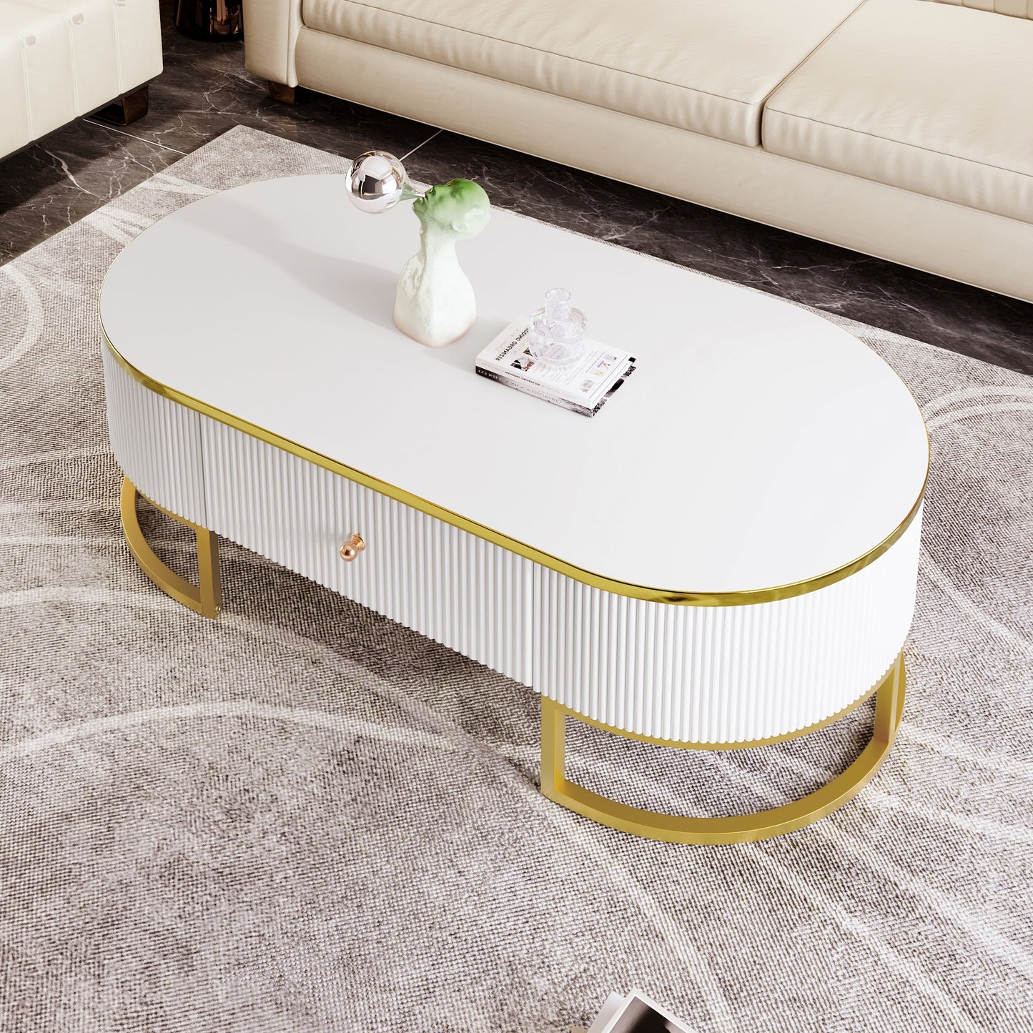 Modern High-Gloss Oval Coffee Table with Storage Drawers, Gold Metal Base, White Finish