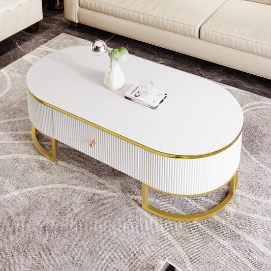 Modern High-Gloss Oval Coffee Table with Storage Drawers, Gold Metal Base, White Finish