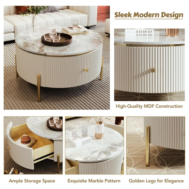 Modern Round Coffee Table with 2 Drawers, MDF, Gold Legs, White & Gold