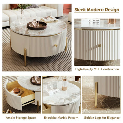 Modern Round Coffee Table with 2 Drawers, MDF, Gold Legs, White & Gold