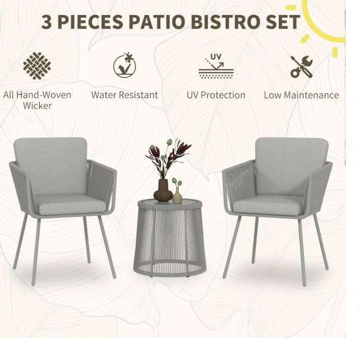 3 Piece Wicker Rattan Patio Bistro Set with Cushions