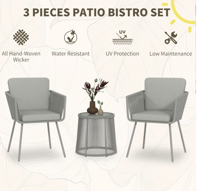 3 Piece Wicker Rattan Patio Bistro Set with Cushions