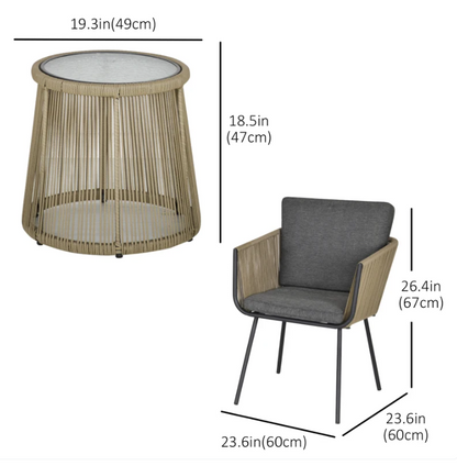 3 Piece Wicker Rattan Patio Bistro Set with Cushions