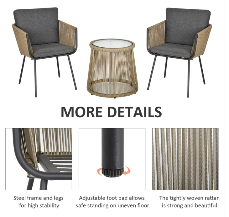 3 Piece Wicker Rattan Patio Bistro Set with Cushions