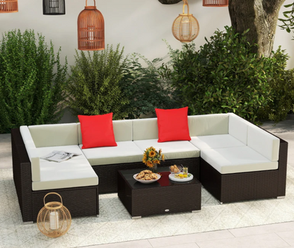 Outsunny 7 Piece Blue Patio Wicker Sectional Rattan Furniture Set