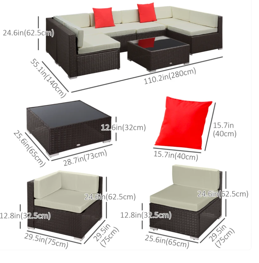 Outsunny 7 Piece Blue Patio Wicker Sectional Rattan Furniture Set