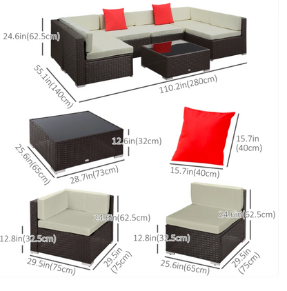 Outsunny 7 Piece Blue Patio Wicker Sectional Rattan Furniture Set