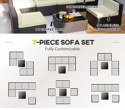 Outsunny 7 Piece Blue Patio Wicker Sectional Rattan Furniture Set